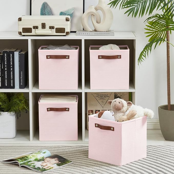 Collapsible Fabric Storage Cube Bins with 2 Reinforced PU Handles, Foldable Storage Organizer Baskets for Closet, Shelves, Living Room | 11"x11"x11", 4 Pack, Full Pink-NeatNest