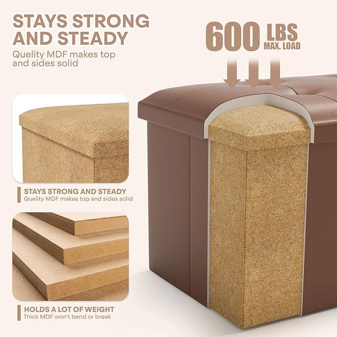 Ottoman Folding Storage Bench, 43x15x15 Inch, Foot Rest Stool for Living Room, Bedroom, Entryway, End of Bed - Multi-Functional Ottoman with Storage Brown
