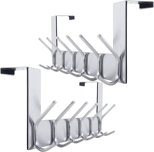 WEBI Over The Door Hooks Door Hanger:Over The Door Towel Rack with 6 Hooks for Hanging,Door Coat Hanger Towel Hanger Over Door Coat Rack for Towels,Clothes,Silver,2 Packs