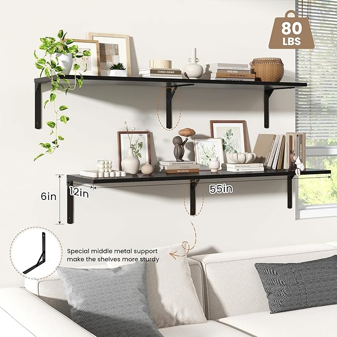 Fun Memories Floating Shelves for Wall, 12 Inch Deep Floating Shelves Set of 2, Wall Mounted Shelf with Metal Brackets, Rustic Wood Wide Shelf for Bathroom, Kitchen and Living Room, Black, 55W x 12D-NeatNest