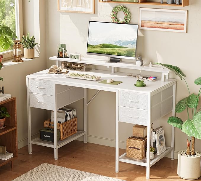 Huuger 47 inch Computer Desk with 4 Drawers, Gaming Desk with LED Lights & Power Outlets, Home Office Desk with Large Storage Space for Bedroom, Work from Home, White-NeatNest