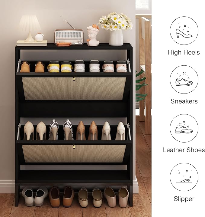 AVZEAR Narrow Shoe Cabinet with 2 Flip Drawer, Freestanding Shoe Organizer Shoe Cabinet Storage for Entryway, Slim Shoe Storage Shoe Rack for Closet with Linen Doors in Hallway, Living Room(Black)-NeatNest