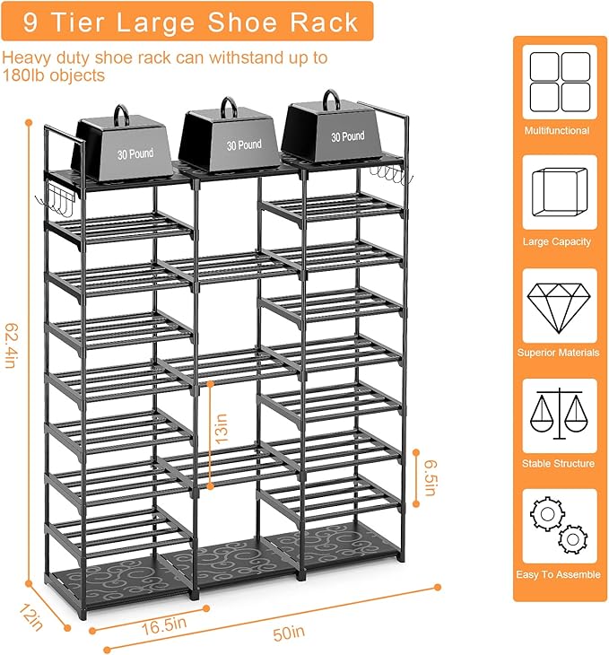 Kottwca 9-Tier Metal Shoe Rack Organizer for 50-55 Pairs - Space Saving Shoe Storage Shelf for Entryway, Closet, Bedroom, Hallway-NeatNest
