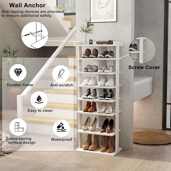 HOMEFORT 7-Tier Wood Shoe Rack, Double Rows 7-Tier Shoe Shelf, Shoe Storage Stand, Entryway Shoe Tower, Vertical Shoe Organizer Perfect for Narrow Closet, Entryway, Hallway, Bedroom in White-NeatNest