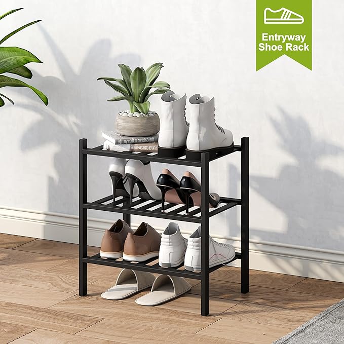 BMOSU 3-Tier Bamboo Small Shoe Rack Premium Stackable Shoe Shelf Storage Organizer for Hallway Closet Living Room Entryway Organizer (Black Bamboo)-NeatNest