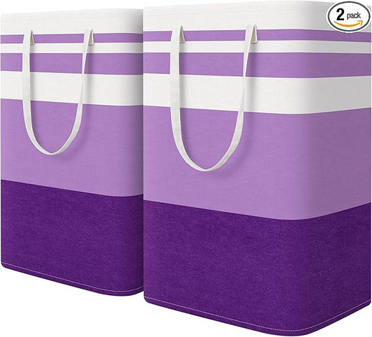 HomeHacks 2 Pack Large Laundry Baskets, Waterproof, Freestanding Laundry Hampers, Collapsible Clothes Hamper with Reinforced Handles in Laundry, College Dorm, Bathroom, Bedroom (Purple, 75Lx2)-NeatNest