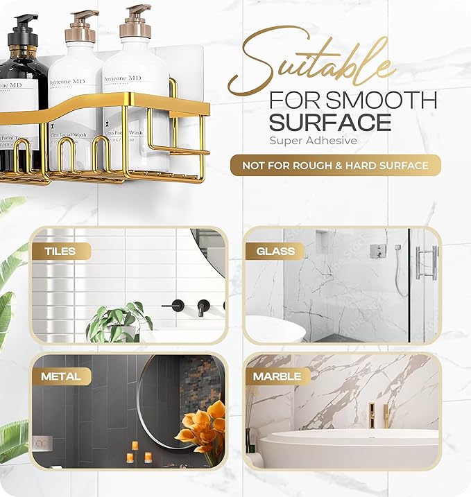 Luxury Style 5 Pack Stainless Steel Adhesive Shower Caddy Set - Rustproof Bathroom Organizer with Large Capacity Storage| No Drilling Shelves Shower Caddy Organizer | Bathroom Decor (Luxury Gold)