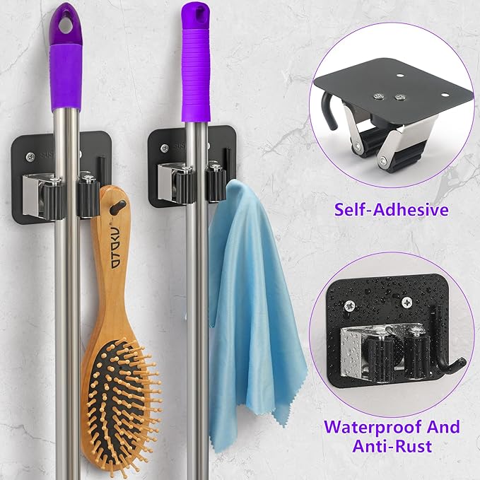 Broom Holder Wall Mount Screw Drilling, Sturdy Heavy Duty Stainless Steel Mop Gripper Rack Perforated, Perfect for Laundry Room Organizer, Fit with Laundry Kitchen Garage Garden Storage System-NeatNest