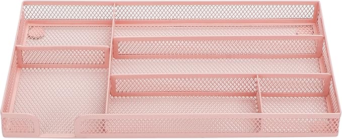 Annova Desk Drawer Organizer Tray for Office Organization - Metal Mesh - Storage Tray with Dividers for Pens, Desktop Accessories, Bathroom, Kitchen, Makeup and Office Supplies (Small, Light Pink)-NeatNest