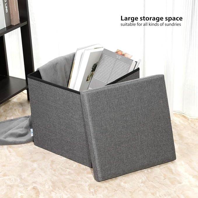 B FSOBEIIALEO Storage Ottoman with Tray, Linen Small Coffee Table Folding Foot Rest Seat Cube, Dark Grey 16"X15.7"x15" Double (2 Pack)-NeatNest
