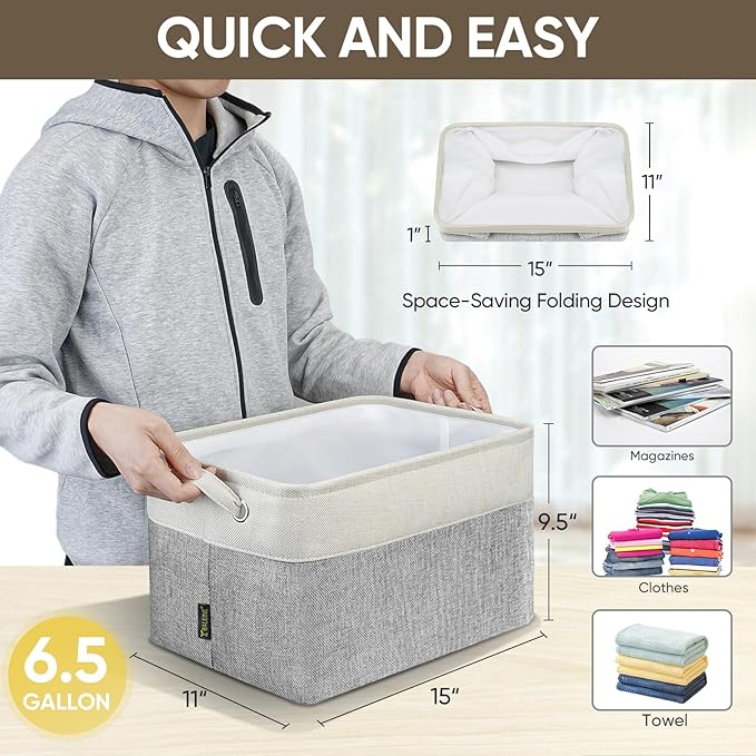 BALEINE 1 Pack Fabric Storage Bins for Shelves, Linen Storage Baskets for Organizing, Decorative Closet Bins for Clothes, Home (Grey, 15''x11''x9.5'')-NeatNest