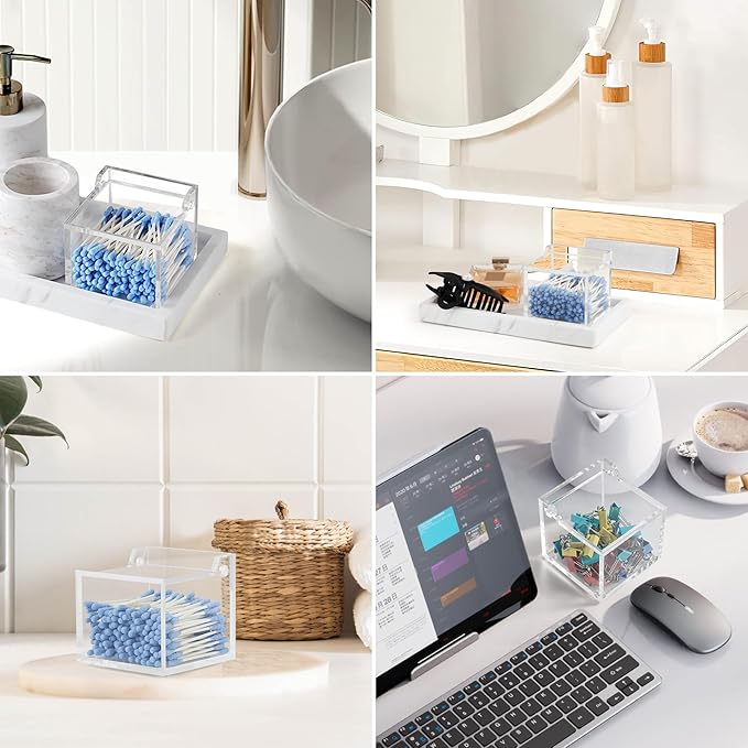 Clear Acrylic Qtip Holder With Lid Cotton Balls Swab Organizer,Square Q Tip Storage, Floss Picks, Bath Salts, Cotton Wab Holder,Home Bathroom Decor (DP011)-NeatNest