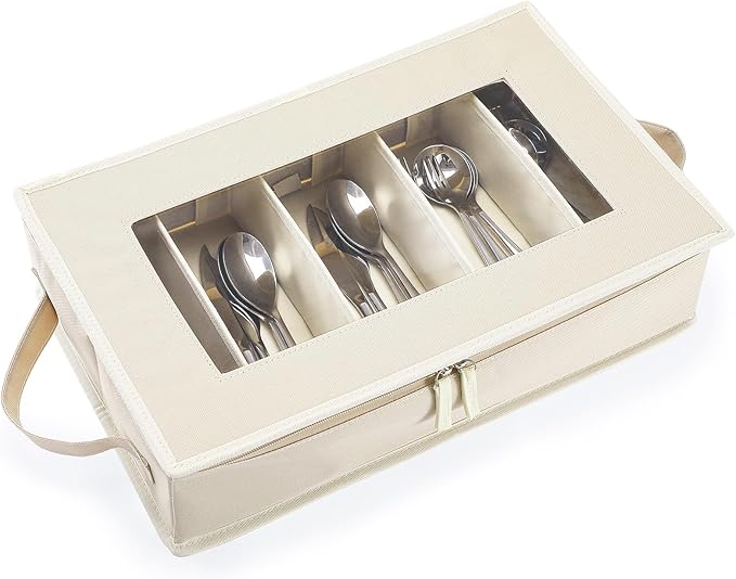 Flatware Utensil Storage Case, Beige Large Capacity Silverware Storage Box Chest with Adjustable Dividers, Removable Cutlery Storage Holder with Zipper Lid for Organizing Spoon/Flatware/Knives-NeatNest