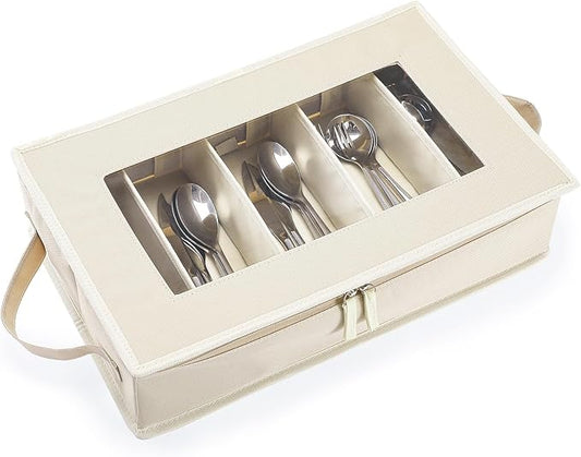 Flatware Utensil Storage Case, Beige Large Capacity Silverware Storage Box Chest with Adjustable Dividers, Removable Cutlery Storage Holder with Zipper Lid for Organizing Spoon/Flatware/Knives-NeatNest