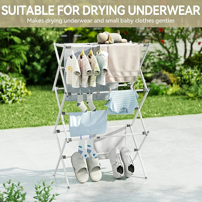 APEXCHASER Clothes Drying Rack, Foldable & Extendable Laundry Rack with Adjustable Size (14.57in-35.43inW), Space-Saving, Rust-Resistant Frame & Floor Protection for Indoor/Outdoor Use, White