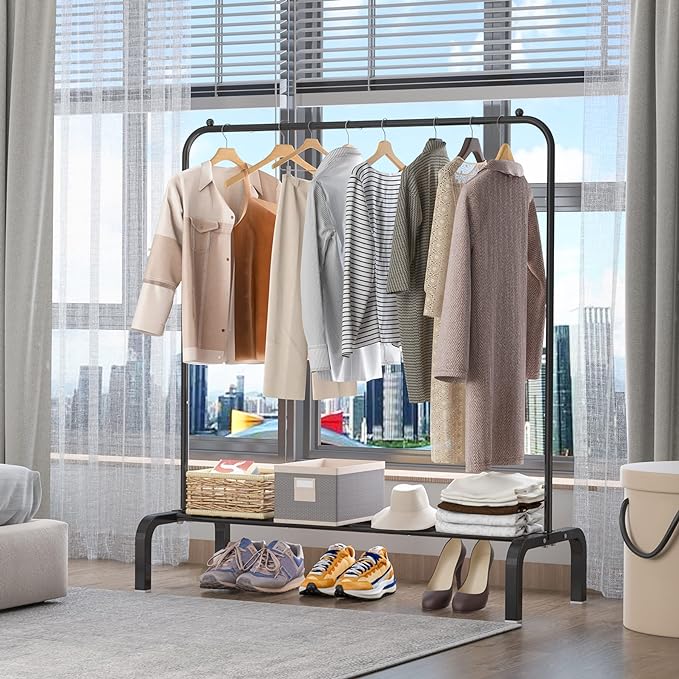 Clothes Rack Metal Clothing Rack with Bottom Shelf Garment Rack for Hanging Clothes Shirts Jeans and Coats Black-NeatNest