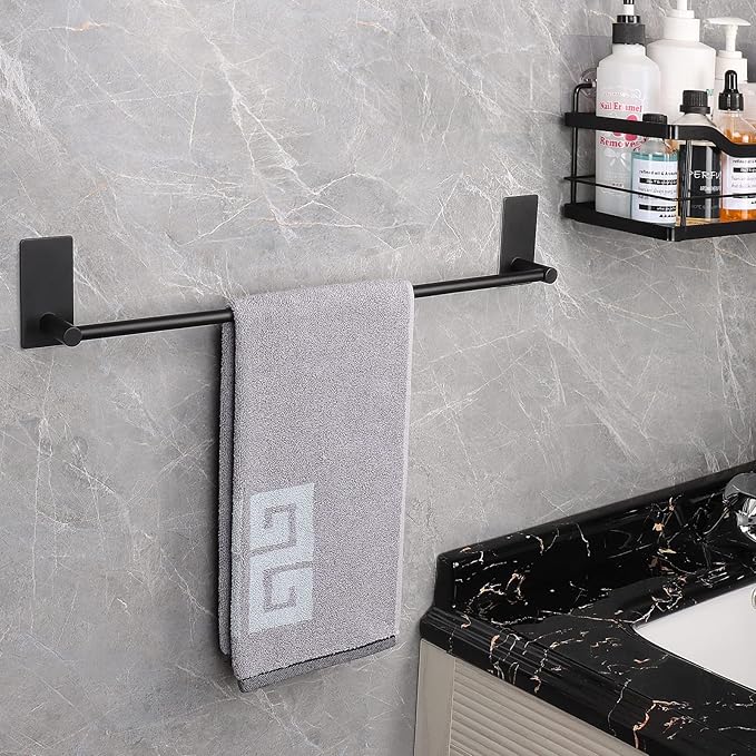 NearMoon Self Adhesive Bathroom Towel Bar- Stainless Steel Bath Wall Shelf Rack Hanging Towel Stick On Sticky Hanger Contemporary Style, NO Drilling (2 Pack, Matte Black, 16-Inch Towel Rack)