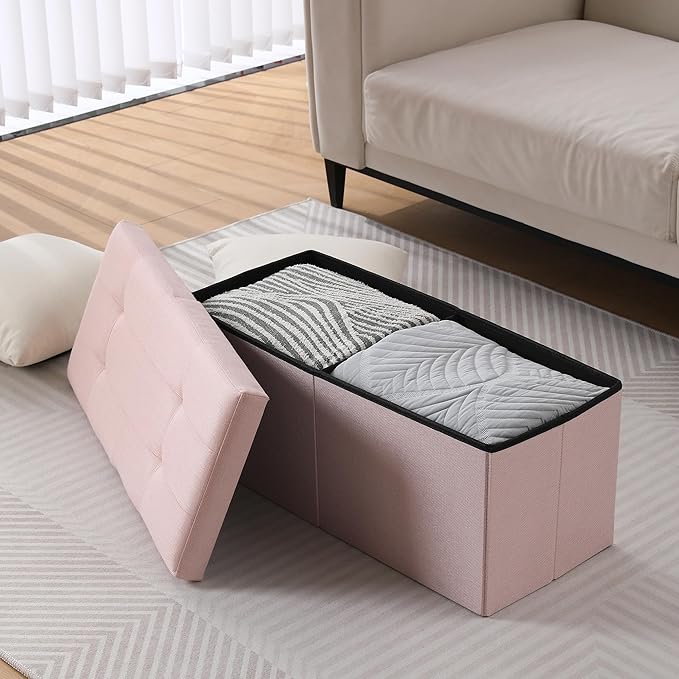 CUYOCA Storage Ottoman Bench Foldable Seat Footrest Shoe Bench End of Bed Storage with Flipping Lid, 75L Storage Space, 30 inches Linen Fabric Pink, OT026PK-NeatNest
