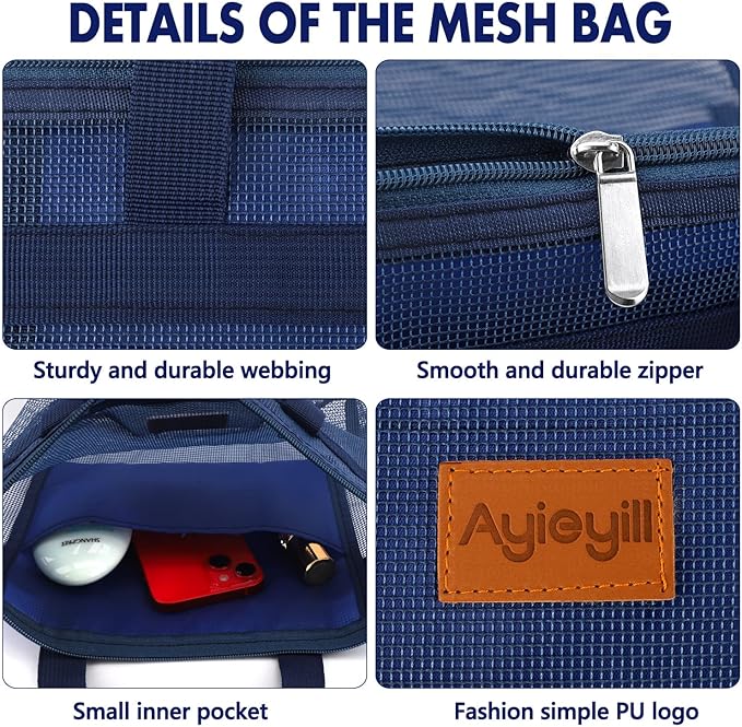 Ayieyill Shower Caddy Portable, Mesh Shower Caddy Tote Bag Quick Dry Hanging Toiletry and Bath Organizer for College Dorm, Gym, Beach, Travel or Camping with Zipper (Black+Navy Blue)-NeatNest