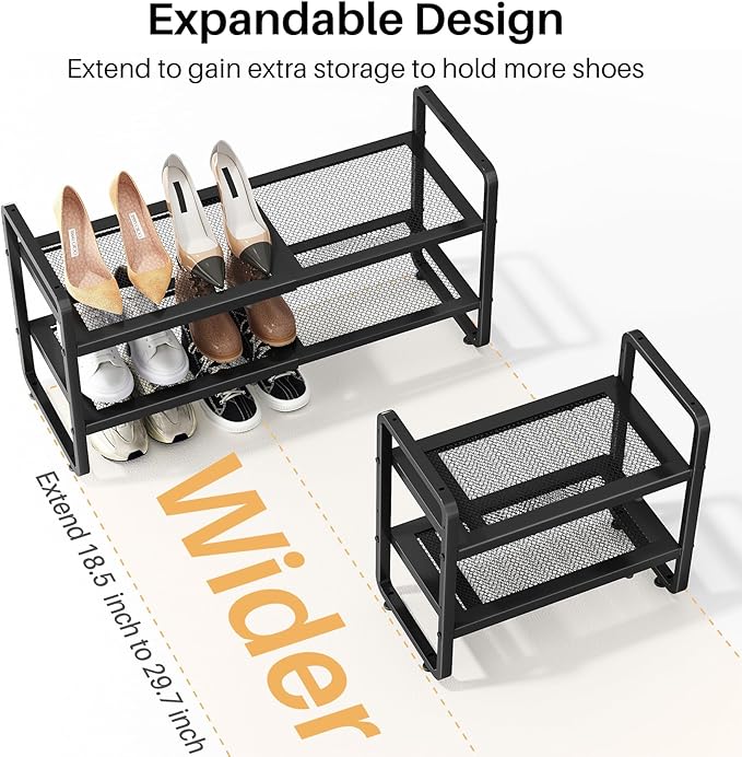 Shoe Rack - Expandable Shoe Organizer for Closet, Adjustable Metal Shoe Shelf Storage, 2 Tier Stackable Long Shoe Stand Holder for Garage, Entryway, Door Entrance, Black-NeatNest