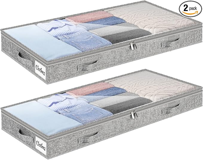 4 Inch Low Profile Under Bed Storage Drawer 2 Pack, Lightweight Underbed Clothes Storage Container Bins with NO STURCTURE, Shallow Storage Bag for Dorm & Home, With Clear Lids and Waterproof Fabric-NeatNest