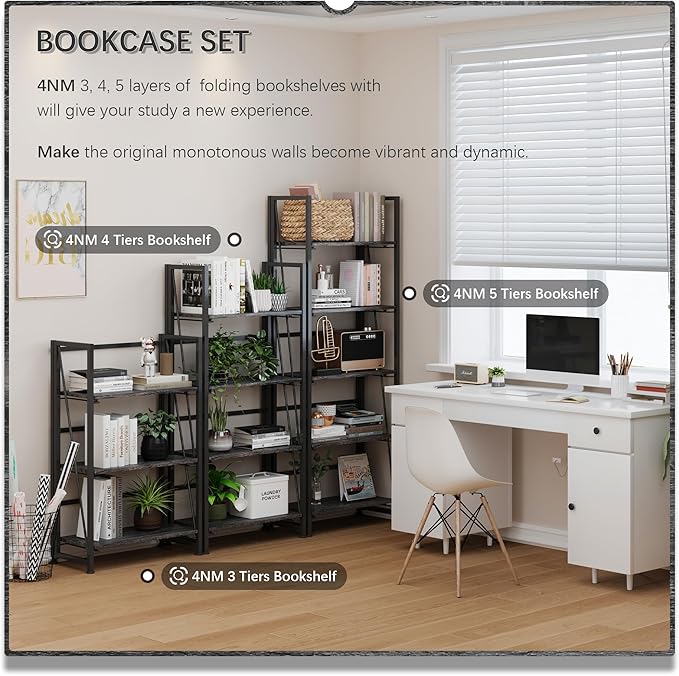 4NM No-Assembly Folding Bookshelf Storage Shelves 4 Tiers Vintage Bookcase Standing Racks Study Organizer Home Office (Gray Black)