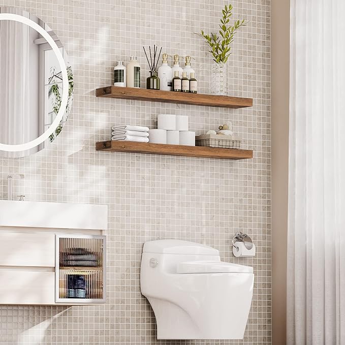 HOOBRO Floating Shelves for Wall, Wall Mounted Shelf Set of 2, 47.2" Hanging Shelf with Invisible Brackets, for Wall Bathroom, Bedroom, Toilet, Kitchen, Living Room, Office, Rustic Brown BF120BJP201-NeatNest