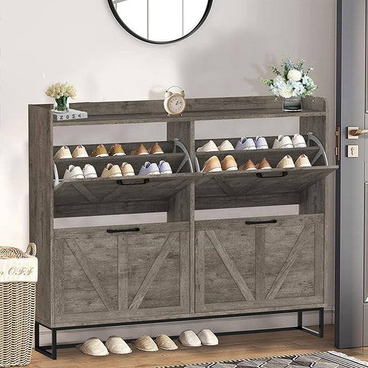Hidden Shoe Storage Cabinets with 4 Flip Drawers and Metal Legs, Freestanding Narrow Shoe Organizer Rack for Entryway, Rustic Gery-NeatNest