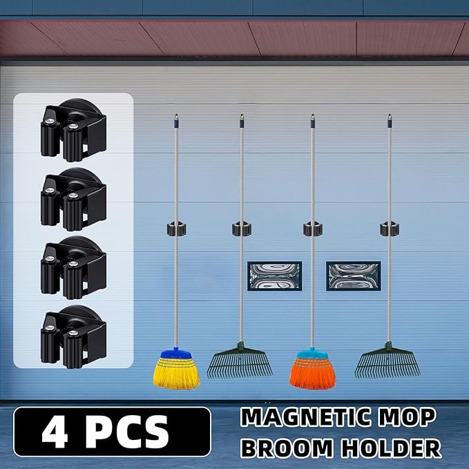 4 Pcs Magnetic Mop Broom Holder Movable Magnetic Broom Holder Rack, Anti Slip Wall Mounted Utility for Cleaning Tools, Garage, Kitchen, Laundry, Garden (Black)
