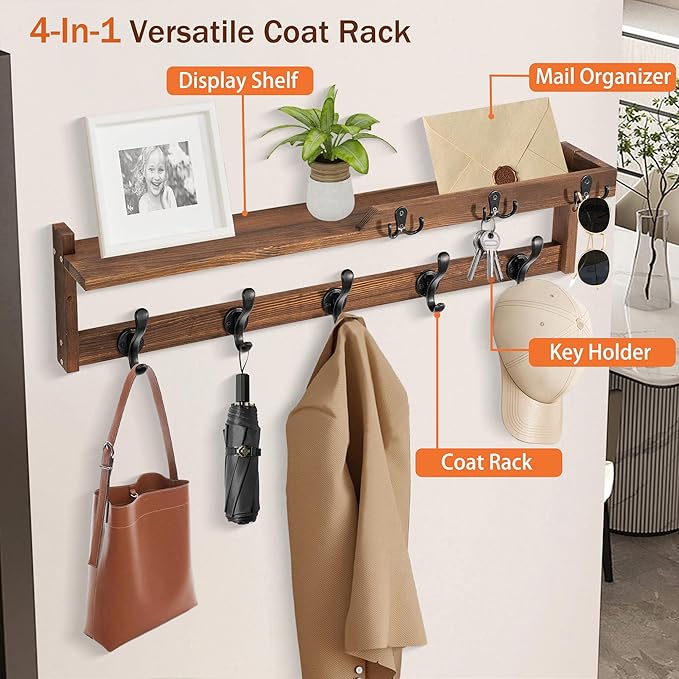 29'' Coat Rack Wall Mount with Shelf, Coat Hanger Wall Mount with Key Hooks and Mail Holder, Wood Entryway Floating Shelf with Hooks and Storage, Hat Rack for Wall Key Holder Mail Organizer