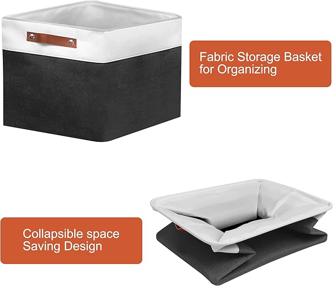 13in Open Fabric Storage Basket with Leather Handles for Organizing, Collapsible Linen Closet Bins for Shelves, Closets, Laundry, Decorative Basket for Gifts. (White＆Black, 2PCS/13x13in)-NeatNest