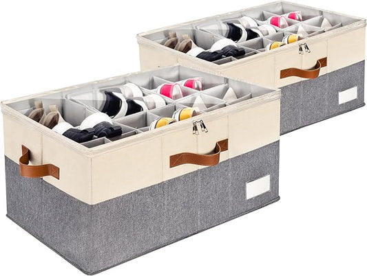 2 Pack Shoe Organizer for Closet, Adjustable Shoe Box Storage Containers, Large Foldable Shoe Bins with Clear Cover, Space Saving Shoes Holder with 4 Handles, Fits 24-48 Pairs, Beige-NeatNest