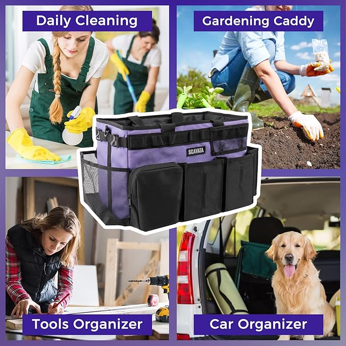 Wearable Cleaning Caddy Bag, Cleaning Caddy Supplies Organizer with Handle & Shoulder Straps for Housekeepers, Under Sink & Car Cleaning Tool Organizers with 4 Foldable Divider (Purple)