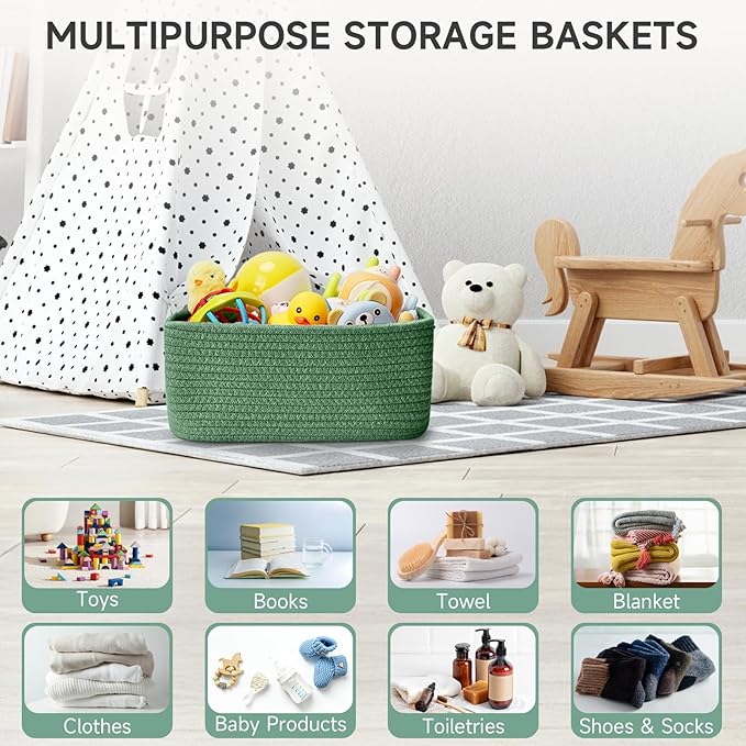 3-Pack Shelf Baskets for Organizing, Closet Organizer Bins, Small Woven Baskets, Rope Toy Basket, Storage Basket for Shelves, Cube Decorative Box, 11.5×7.5×4.7”, Green-NeatNest