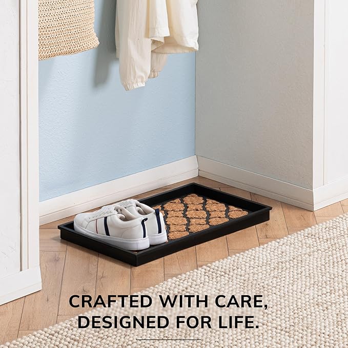 Anji Mountain Heavy Duty Waterproof Rubber Shoe Storage Mat Organizer/Boot Storage Tray Multi Use for Entryway with Coir, Tan Insert, Fits 2 Pair (24.5" Wide)