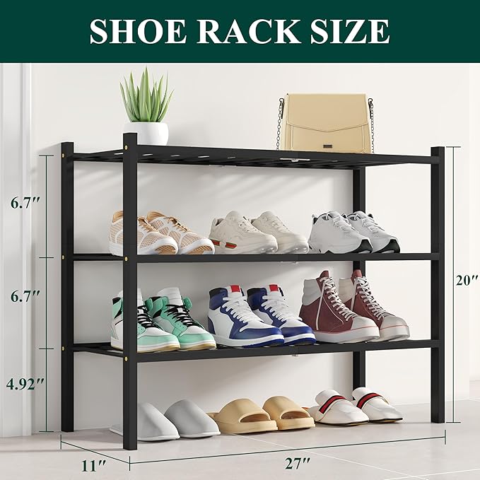 Smiry Shoe Rack, 3 Tier Bamboo Shoe Organizer, Stackable Free Standing Wooden Shoe Storage Shelf for Closet, Entryway, Front Door Entrance, Black-NeatNest