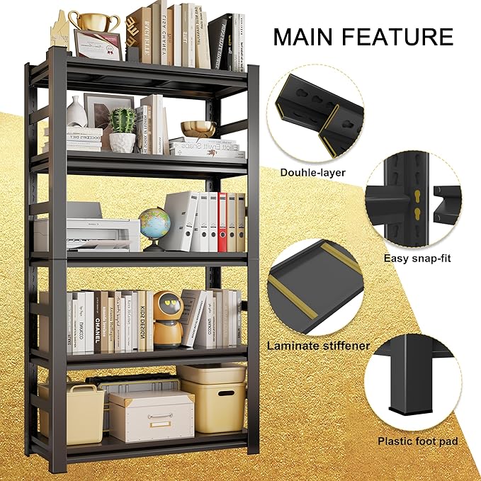 Book Shelf 5 Tier Metal Wide Bookcase,Heavy-Duty Adjustable Industrial Bookshelves,Tall Bookshelf for Living Room&Office and Kitchen, Black(72" H*35.4W*15.7" D)-NeatNest