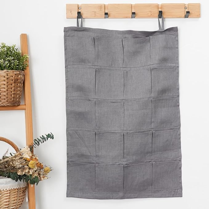 100% Linen Hanging Storage Bag with 20 Pockets, Wall Hang Over The Door Closet Organizer for Socks Underpants, Gray