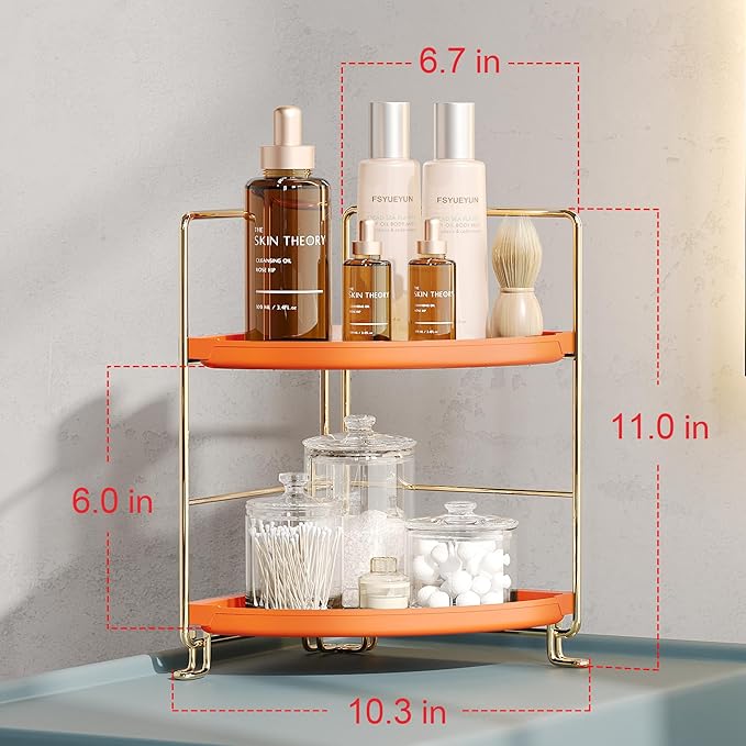 FSyueyun 2-Tier Corner Bathroom Counter Organizer, Tool-Less Installation Corner Vanity Organizer Small Plastics Countertop Makeup Tray Skincare Perfume Organizers (Gold & Orange)-NeatNest