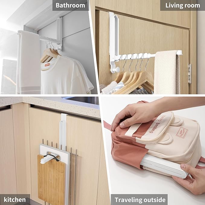 Clothes Drying Rack Foldable Fit Door up to 1 3/8" Optimal 2pc,Over The Door Hanger with Retractable Rod,Over The Door Hanger Hooks for Laundry Bathroom Bedroom Travel Hangers(White, 2 Pack)