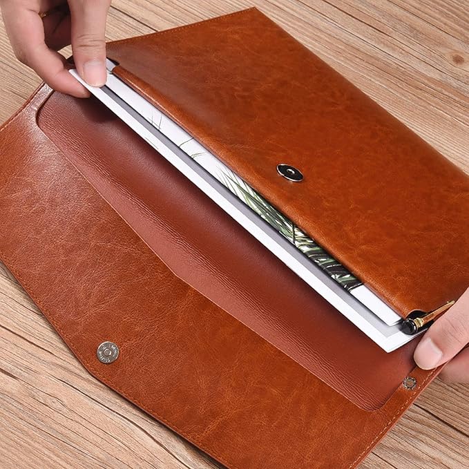 Enyuwlcm PU Leather A4 File Folder Document Holder Envelope Folder Case with Snap Closure for Receipt Contract Brown