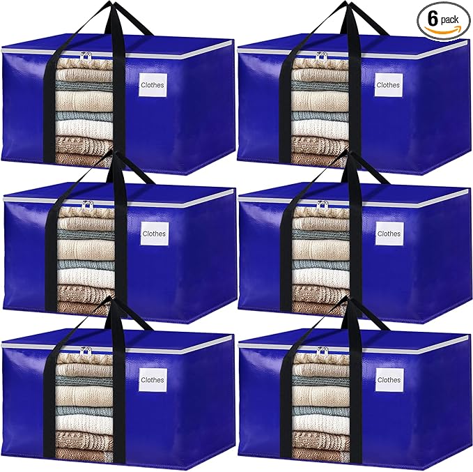 BlissTotes 6 Pack Moving Bags with Clear Window, Storage Bags with Strong Carrying Handles & Zippers,Large Packing Bags for Saving Space, Alternative to Moving Boxes(Blue,20 Gallon)-NeatNest