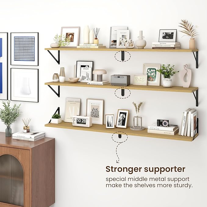 Fun Memories Deep Floating Shelves for Wall, 55W x 8D Wall Mounted Shelves Set of 2, Wide Display Ledge Shelf with Sturdy Metal Brackets for Living Room, Bathroom, Bedroom and Kitchen, Oak-NeatNest