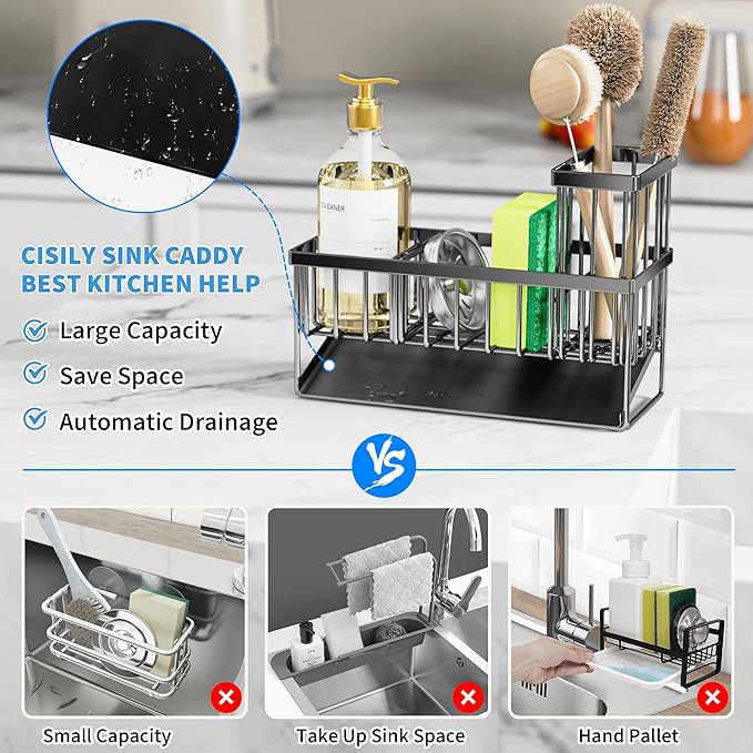 Cisily Kitchen Sink Caddy Organzier with High Brush Holder, Sponge Holder for Sink, 304 Rustproof Stainless, Kitchen Countertop Soap Dispenser Organizer, Kitchen Decor and Accessories-NeatNest
