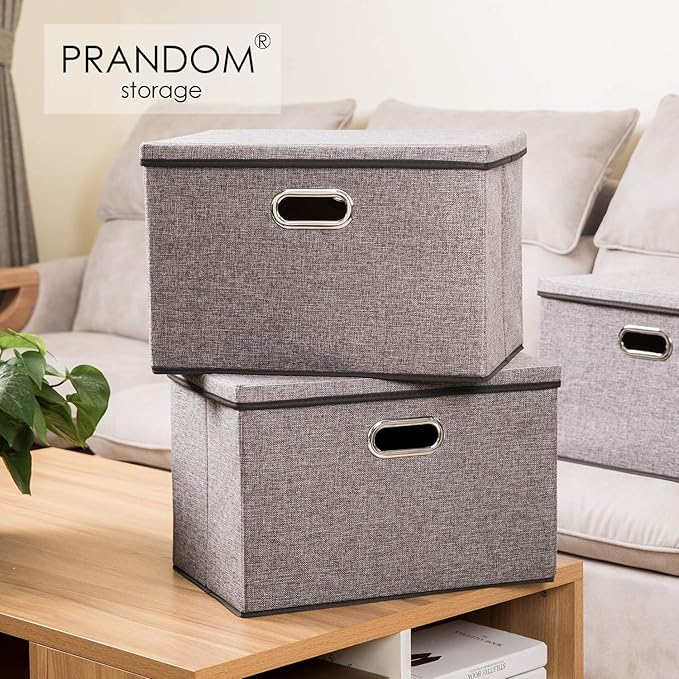 PRANDOM Large Collapsible Storage Containers with Lids [5-Pack] Linen Fabric Foldable Storage Bins Boxes Organizer Baskets Cube with Cover for Home Bedroom Closet Office Nursery (17.7x11.8x11.8)-NeatNest