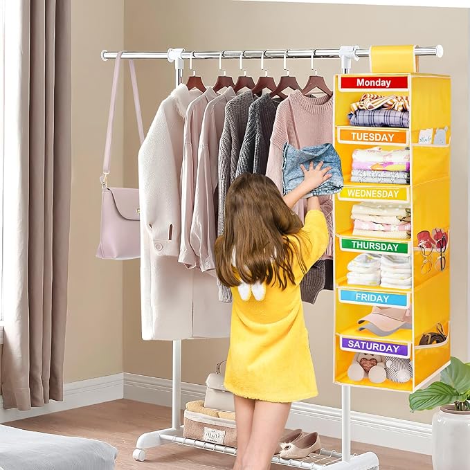 6-Shelf Weekly Closet Hanging Organizer for Kids, YOCOMEY 6-Grid Days of the Week Baby Kids Clothing Organizer Monday through Saturday, Foldable Oxford Cloth Closet Clothes Weekday Storage (New Yellow-NeatNest