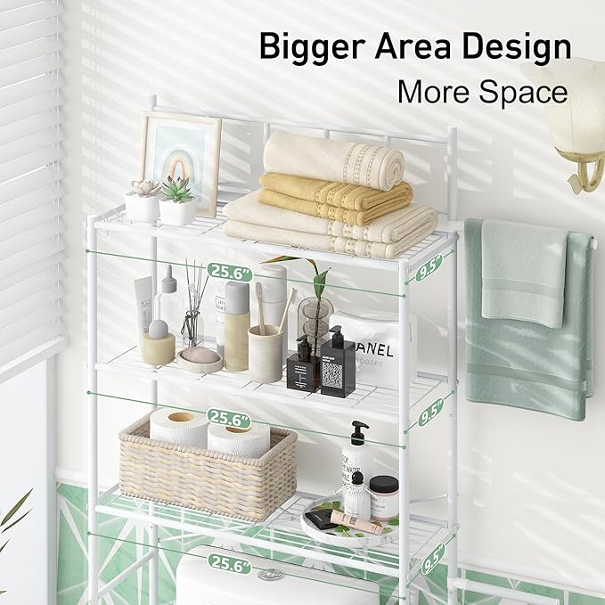 3-Tier Over The Toilet Storage Rack, Freestanding Bathroom Shelves Organizer with Hooks and Toilet Paper Holder, Space Saver Metal Shelf for Small Bathroom, White