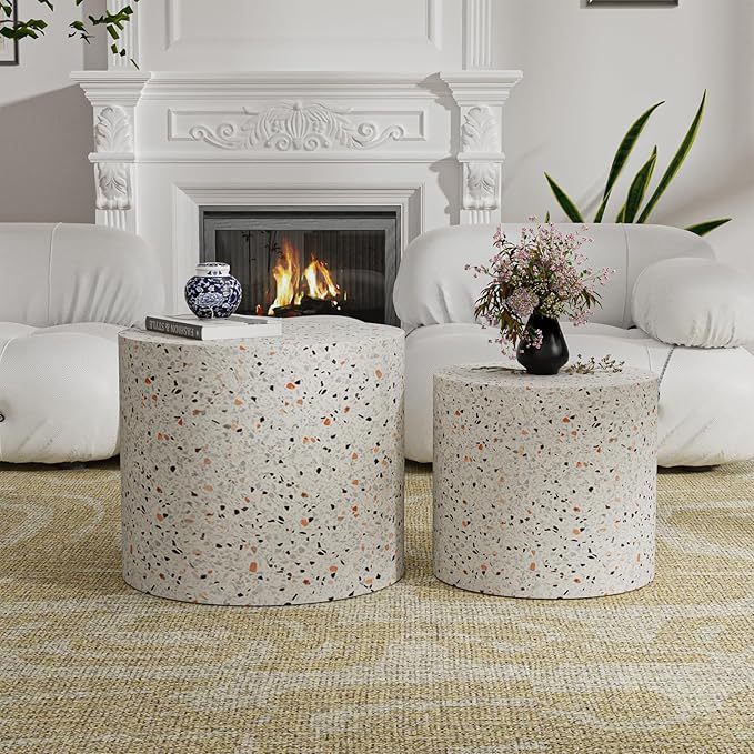 Round Wood Coffee Table Set of 2 Modern Circle Nesting Coffee Table Handcrafted Drum Nesting Table Nesting Coffee Tables for Living Room for Small Space (terrazzo (D18.2+D14.6 inch))