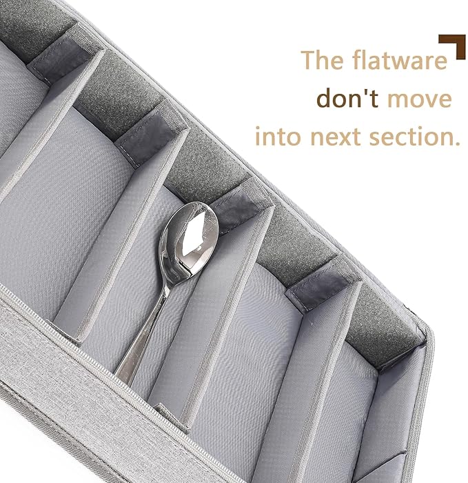 Joyfol Day Flatware Utensil Storage Case, Grey Silverware Storage Box Chest with Adjustable Dividers, Removable Cutlery Storage Holder with Zipper Lid for Organizing Spoon/Flatware/Knives-NeatNest