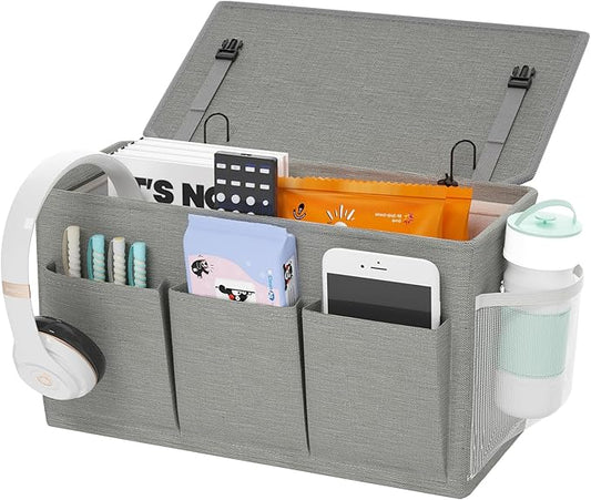 Dual-purpose Bedside Caddy Bedside Organizer, Bed Caddy with 6 Pockets, Versatile Bedside Storage Solution Magazine Remotes holder, ideal for Home, Dorm, Hospital, Crib Bed (Grey)-NeatNest